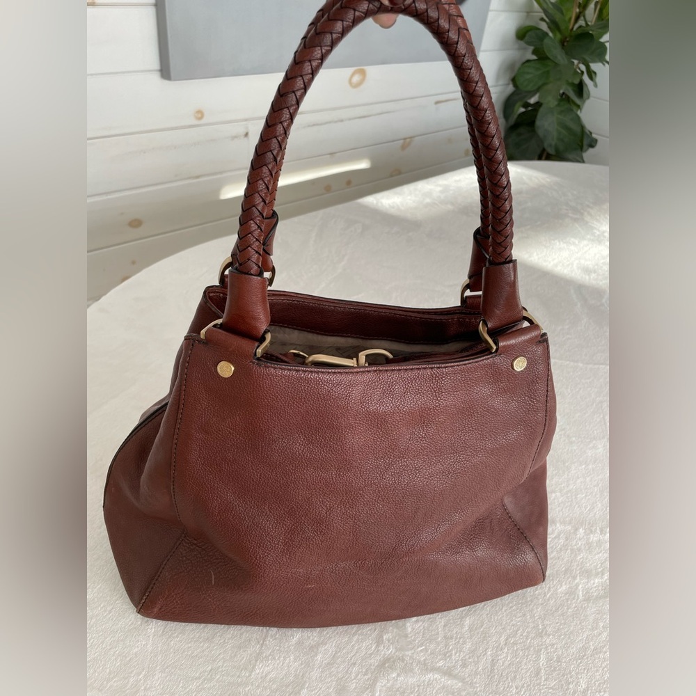 Cole Haan Handbag Purse Satchel Pebbled Brown Leather Equestrian Brass Accent - Picture 6 of 17